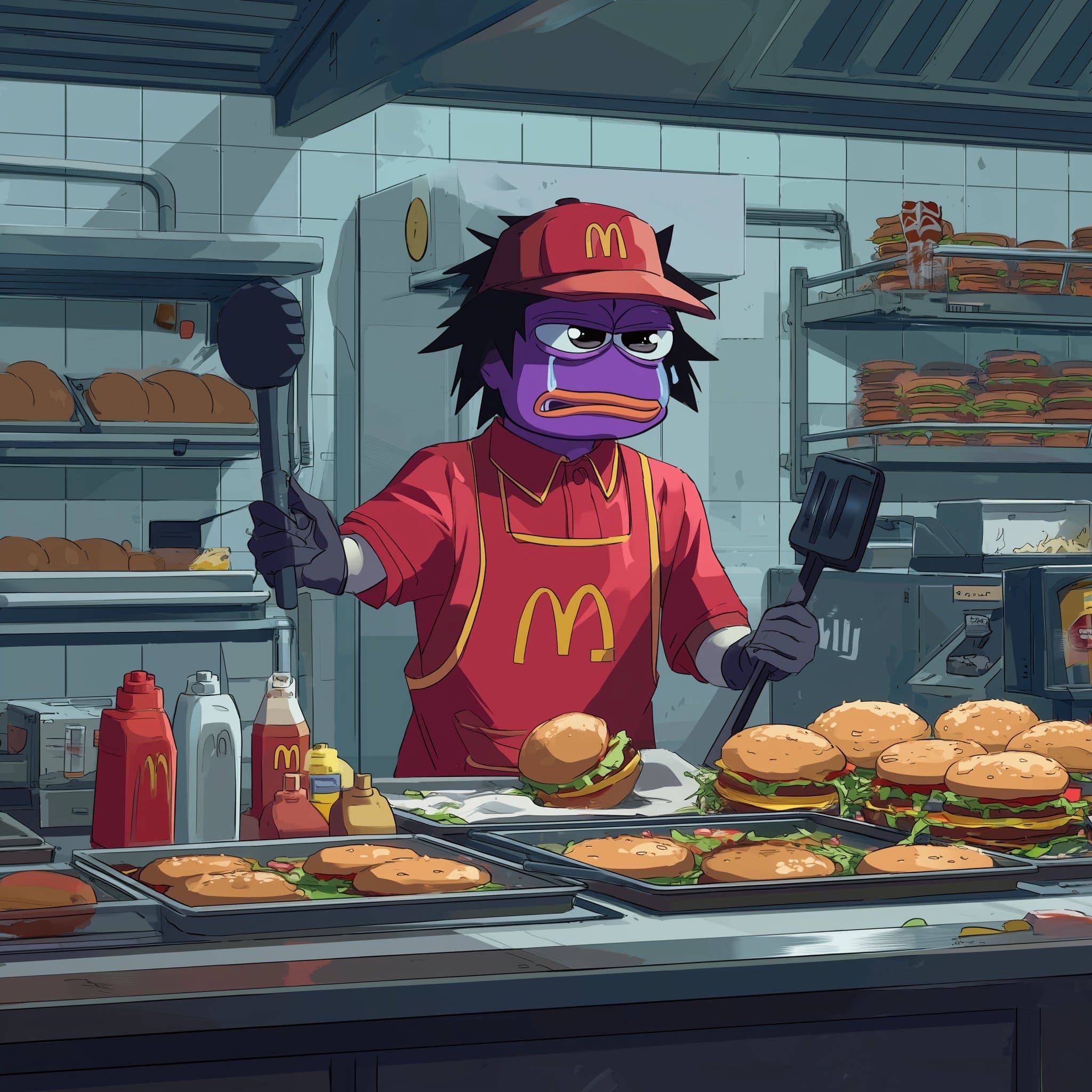 Gmonad preparing fast food at a kitchen counter